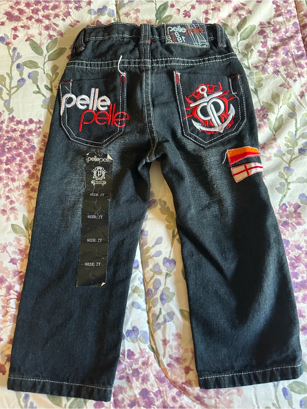 Pelle Pelle Black Jeans with Red and White Embroidery